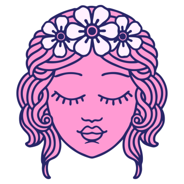 Geleneksel bir kadın yüzü dövmesi. Gözleri parlak neon renginde.