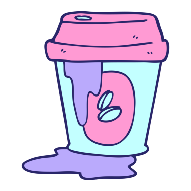 Parlak neon renkli dağınık kahve fincanı karikatürü