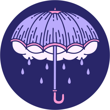 Parlak neon renkli bir şemsiye ve fırtına bulutu simgesi