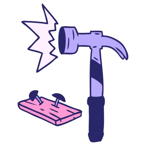 El çizimi bir çekiç karalaması ve parlak neon renkli çiviler