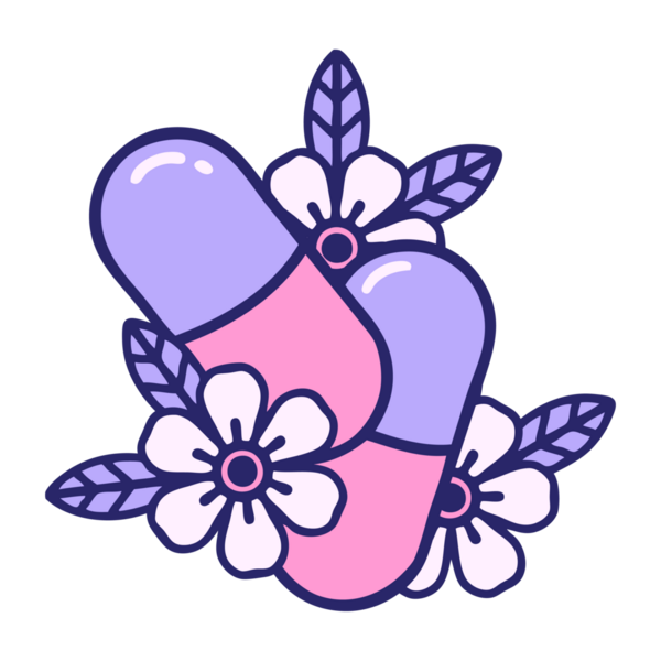 Parlak neon renkli hap ve çiçeklerin ikonik dövme görüntüsü