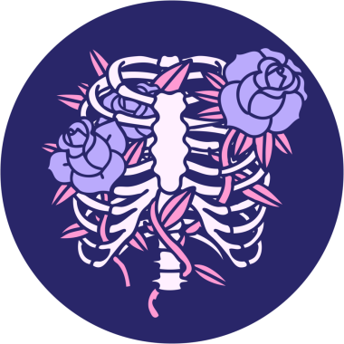 İkonik dövme tarzı göğüs kafesi ve parlak neon renkli çiçekler.