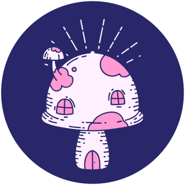 Parlak neon renkli bir dövme stili mantar evi simgesi