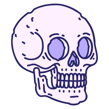 Parlak neon renginde geleneksel bir kafatası dövmesi