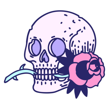 geleneksel kafatası şeklinde dövme ve parlak neon rengi gül.