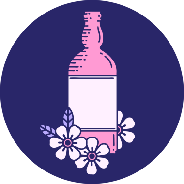 Rom şişesi ve parlak neon renkli çiçeklerin ikonik dövme görüntüsü