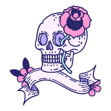 Kafatası sancağıyla geleneksel dövme ve parlak neon rengi gül.