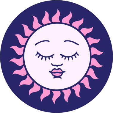 Yüzü parlak neon renkli bir güneşin ikonik dövme görüntüsü