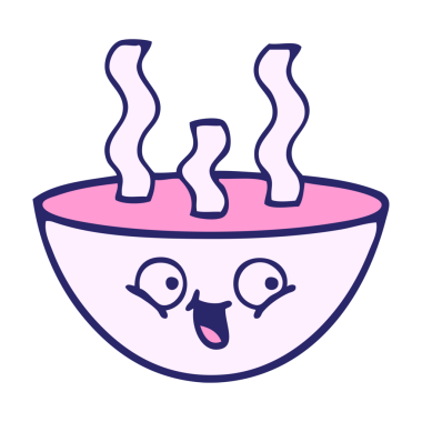 Bir kase sıcak çorbanın parlak neon renkli şirin karikatürü.