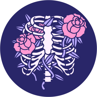 İkonik dövme tarzı göğüs kafesi ve parlak neon renkli çiçekler.