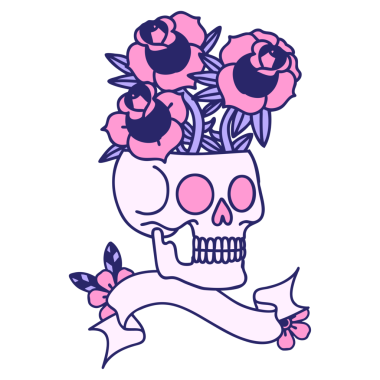 Kafatası sancağıyla geleneksel dövme ve parlak neon renkli güller