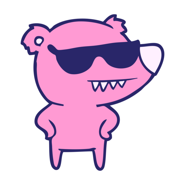 Güneş gözlüklü ayı çizgi filmi, elleri parlak neon renkli kalçalarda.