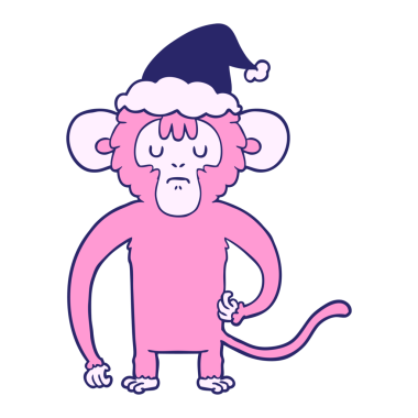 Parlak neon renkli Noel Baba şapkası takan bir maymunun el çizimi.