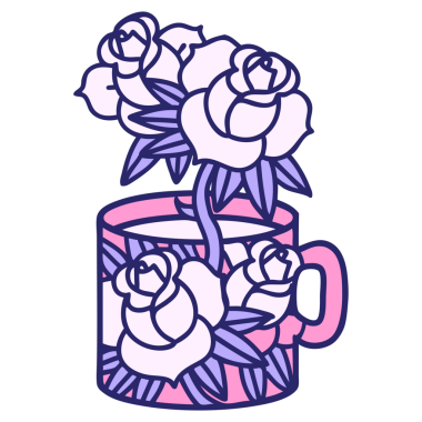 Bir fincanın ikonik dövme şekli ve parlak neon renkli çiçekler