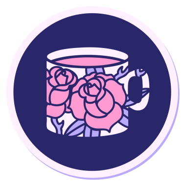 Bir fincanın geleneksel stiliyle dövme çıkartması ve parlak neon renkli çiçekler.