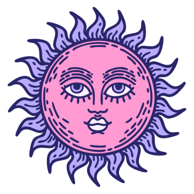 Yüzü parlak neon renkli bir güneşin ikonik dövme görüntüsü