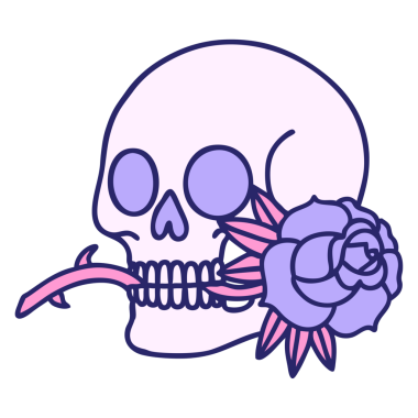 Bir kafatasının ikonik dövme şekli ve parlak neon rengi gül