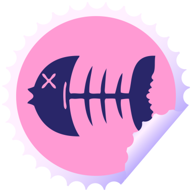 Dairesel kabuk soyma etiketi. Garip çizgi film. Parlak neon renkli ölü balık kemiği.