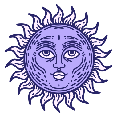 Yüzü parlak neon renkli geleneksel bir güneş dövmesi.