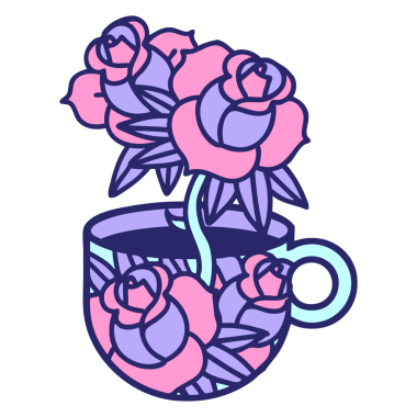 geleneksel bir kupa şeklinde dövme ve parlak neon renkli çiçekler.