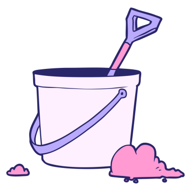 çizgi film kovası ve parlak neon renkli kürek