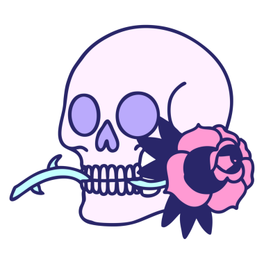 geleneksel kafatası şeklinde dövme ve parlak neon rengi gül.