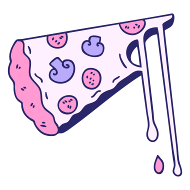 El çizimi tuhaf çizgi film peynirli pizza parlak neon renkli.