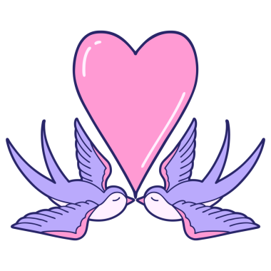 Kırlangıçların ikonik dövme şekli ve parlak neon renkli bir kalp.