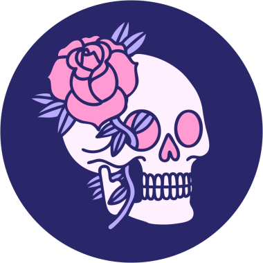 Bir kafatasının ikonik dövme şekli ve parlak neon rengi gül