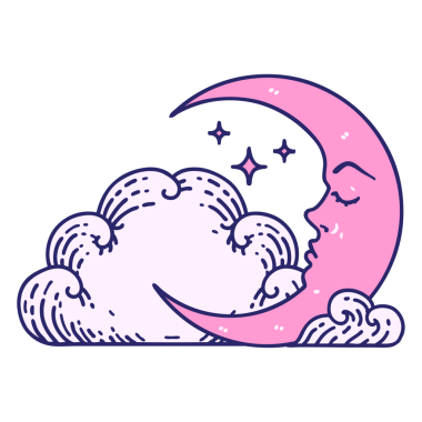 Hilal şeklinde ikonik dövme şekli ve parlak neon renkli bulutlar.