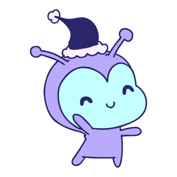 Kawaii uzaylısının parlak neon renkli el çizimi Noel karikatürü.