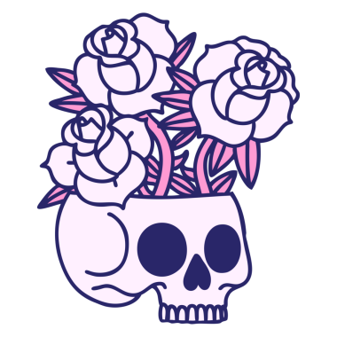 Parlak neon renkli kafatası ve güllerin ikonik dövme şekli