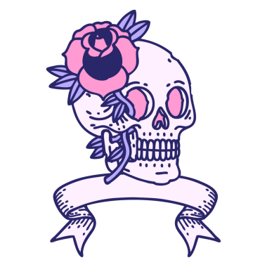 Kafatası sancağıyla geleneksel dövme ve parlak neon rengi gül.