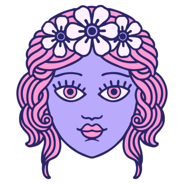 İkonik dövme stili. Kadın yüzü. Parlak neon renkli taçla.