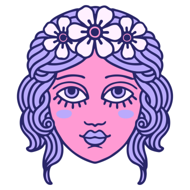 İkonik dövme stili. Kadın yüzü. Parlak neon renkli taçla.