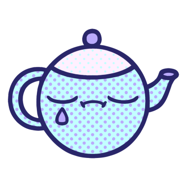 Çizgi roman tarzı hüzünlü bir çaydanlığın parlak neon renkli karikatürü