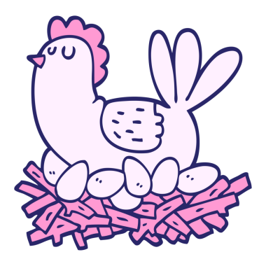 Elle çizilmiş çizgi film tarzı tavuk, parlak neon renkli yumurta yuvasında.