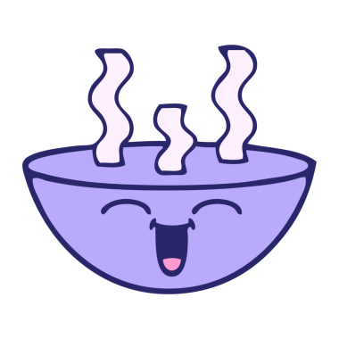 Bir kase sıcak çorbanın parlak neon renkli şirin karikatürü.