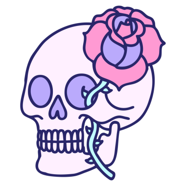 geleneksel kafatası şeklinde dövme ve parlak neon rengi gül.