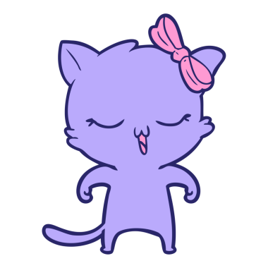 Kafasında parlak neon rengi fiyonk olan çizgi film kedisi.