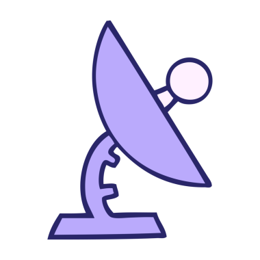 Parlak neon renkli bir uydu çanağının şirin karikatürü.