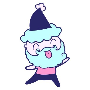 Dilini çıkaran, parlak neon rengi Noel Baba şapkası takan sakallı bir adam.