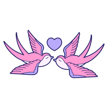 Kırlangıçların ikonik dövme şekli ve parlak neon renkli bir kalp.