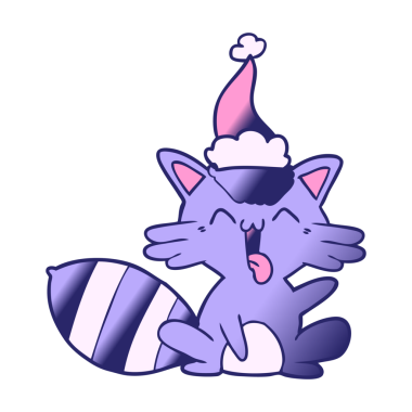 Güzel bir el çizimi, parlak neon renkli Noel Baba şapkası giyen bir rakunun çizgi filmi.