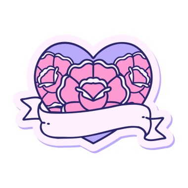 Geleneksel kalp stili dövme çıkartması ve parlak neon renkli çiçekli pankart.