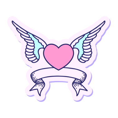 Parlak neon renkli kanatlı bir kalbin bayrağını taşıyan dövme stili etiketi