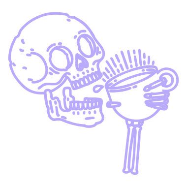 Kafatasının siyah çizgili dövmesi parlak neon renkli kahve ikonu içiyor.