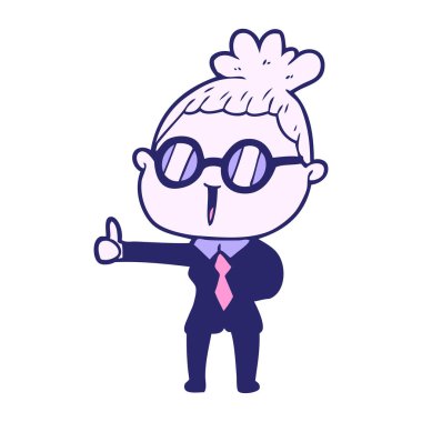 Parlak neon renkli gözlük takan çizgi film kadını.