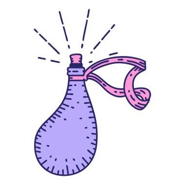 Geleneksel dövme stili parlak neon renkli eski deri su şişesi.