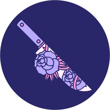 Bir hançerin ve parlak neon renkli çiçeklerin ikonik dövme görüntüsü